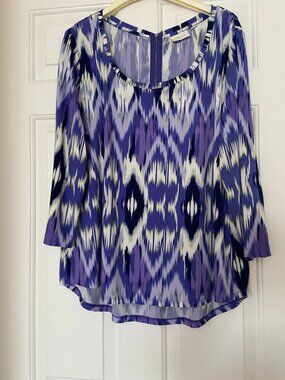 CHICO"S Purple Multi Brushed Feather Ikat Zipper Blouse 3/4 Sleeves